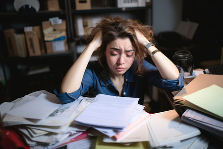 在压力之下劳累的年轻女性在工作背景
