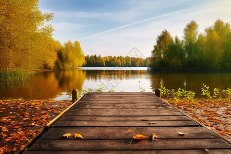 公园湖泊码头上的落叶图片