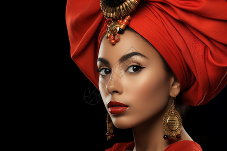 红色头巾和金饰的女士图片