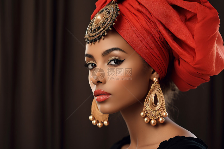 戴着红头巾与金耳环的女人图片