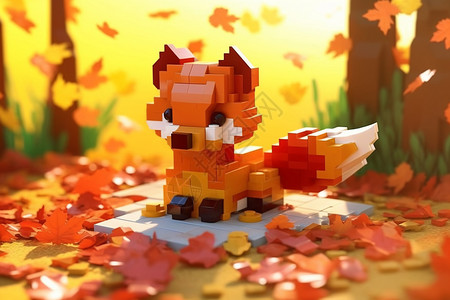 秋叶堆中的积木小狐狸图片