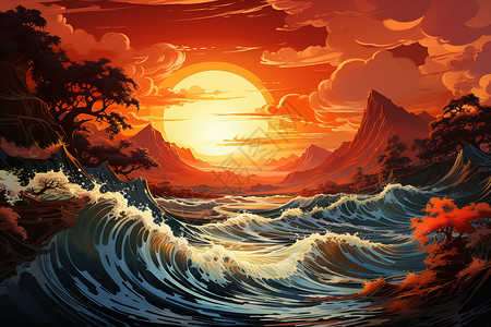 黄昏落日下的大海图片