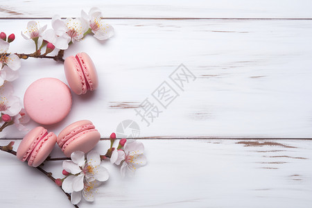 盛开的樱花和马卡龙背景图片