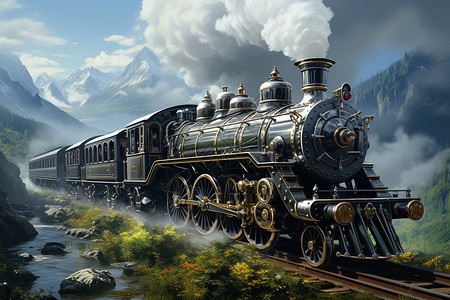 蒸汽动力蒸汽火车轨道穿越山谷插画