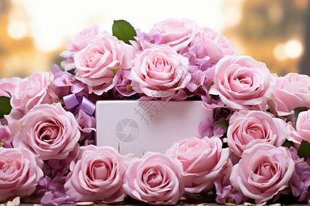 玫瑰花中间的礼物盒图片