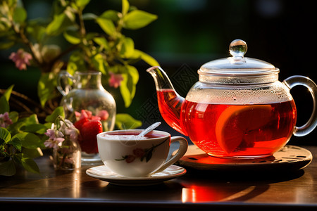 玻璃壶里的红茶背景图片