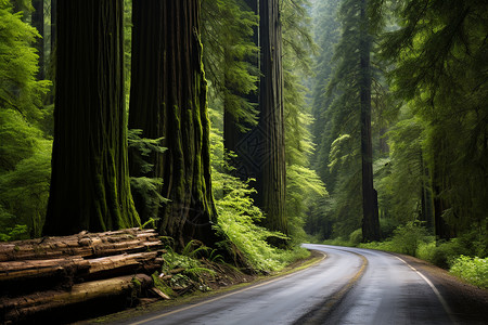 红杉树林里的公路背景图片