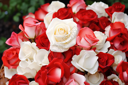 红白婚礼花园里盛放红白玫瑰的篮子背景