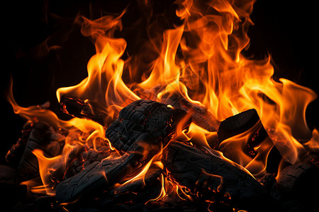 木炭炭火火焰堆里的木炭背景