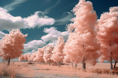 漫天云彩下的粉叶林地背景图片