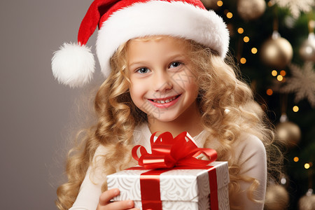 圣诞帽礼物盒可爱女孩捧着礼物盒背景