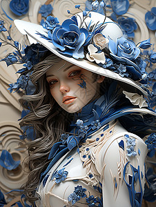 蓝白色帽子的陶瓷女人图片