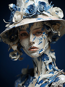 青花帽子的女性陶瓷雕塑背景图片