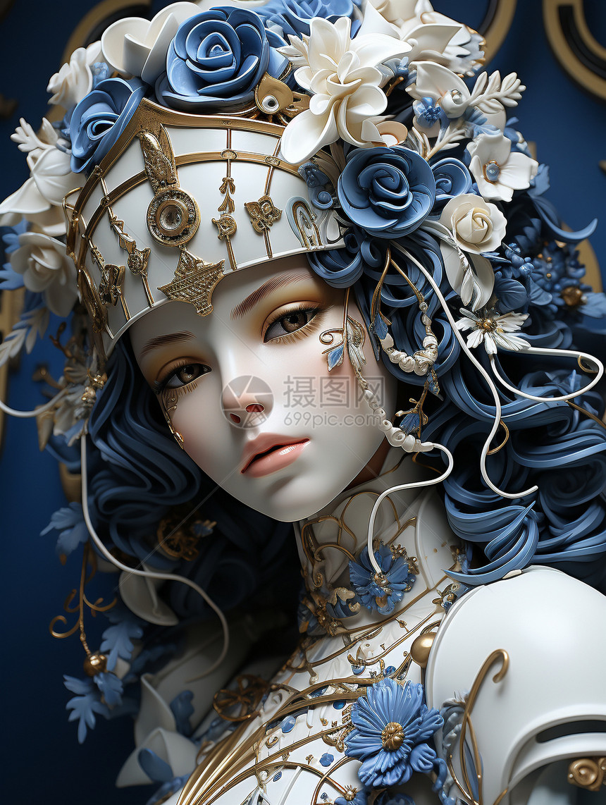 青花瓷女性雕塑模型图片