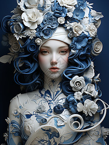 蓝白裙女子头上的蓝底白玫瑰高清图片