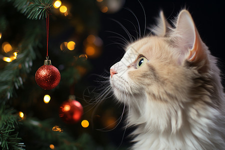 圣诞小球小猫看着圣诞树上的小球背景