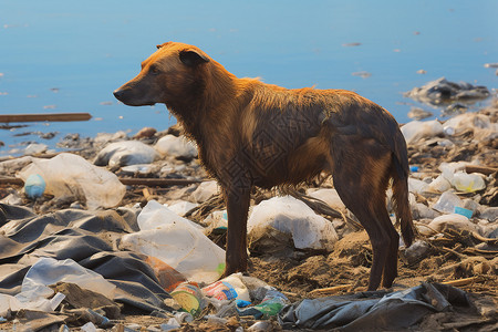 流浪瓶垃圾堆旁的狗背景