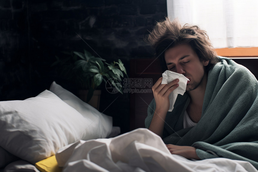 感冒的男人在床上打喷嚏图片