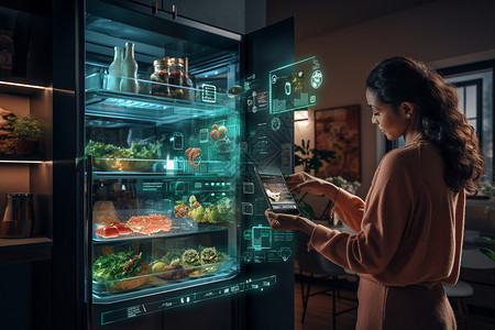 女人使用智能冰箱背景图片