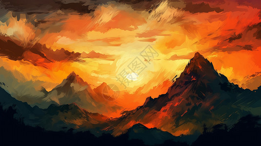 山湖间夕阳重叠山峦间的日出插画