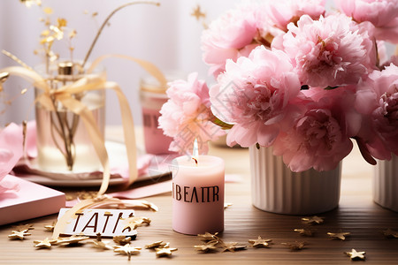 粉红色的康乃馨和蜡烛背景图片
