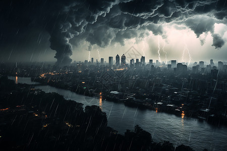 多云天气电闪雷鸣下的城市插画