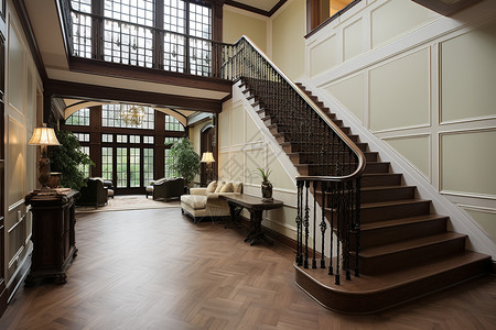 豪华别墅的木制楼梯图片