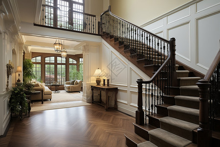 华丽别墅客厅的木制楼梯图片