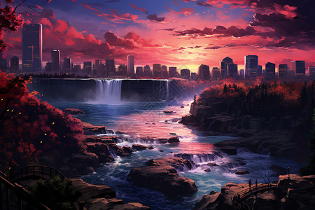 夕阳余晖中的城市瀑布图片