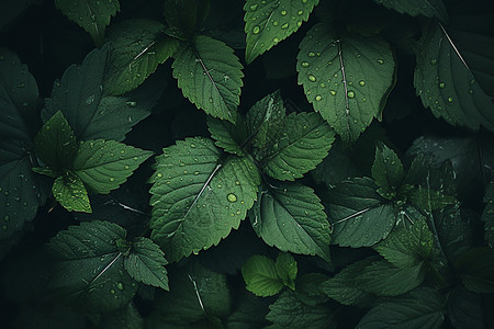 水滴点缀的绿叶丛图片