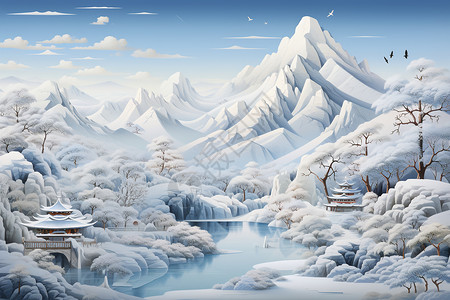 炭河古城冰雪覆盖的的山川树林插画