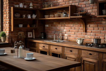 木制架子厨房里的木制壁橱背景