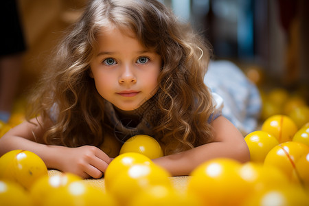 地上小女孩被黄球围绕高清图片
