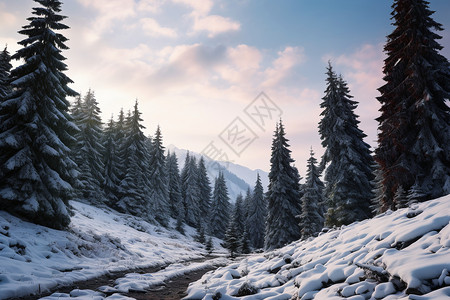 蓝天下积雪的山林背景图片