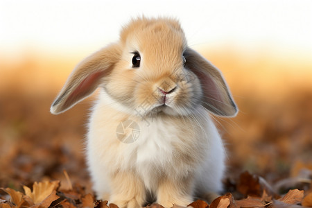 法国垂耳兔兔子坐在一堆叶子上背景