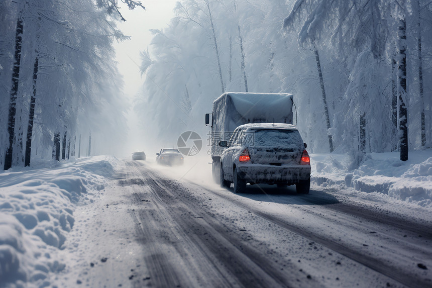 冰冻道路上驶过的汽车图片