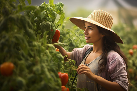采摘番茄的草帽女人图片