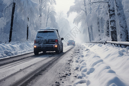 冰天雪地中行驶的汽车图片