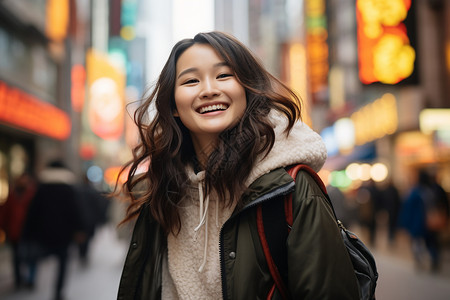 城市街头的背包少女图片