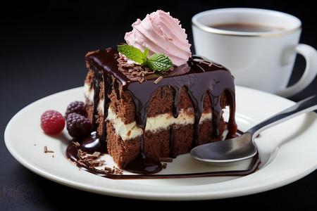 诱人的巧克力蛋糕与咖啡图片