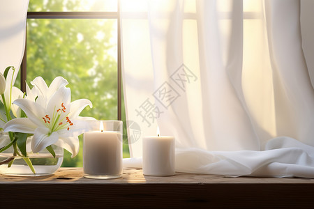 窗台上的花瓶与蜡烛背景图片