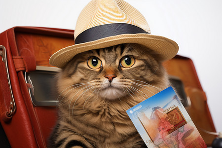 带着猫咪去旅行猫咪戴着帽子背景