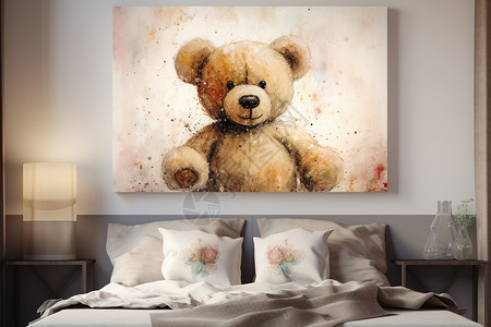 床头的泰迪熊油画背景图片