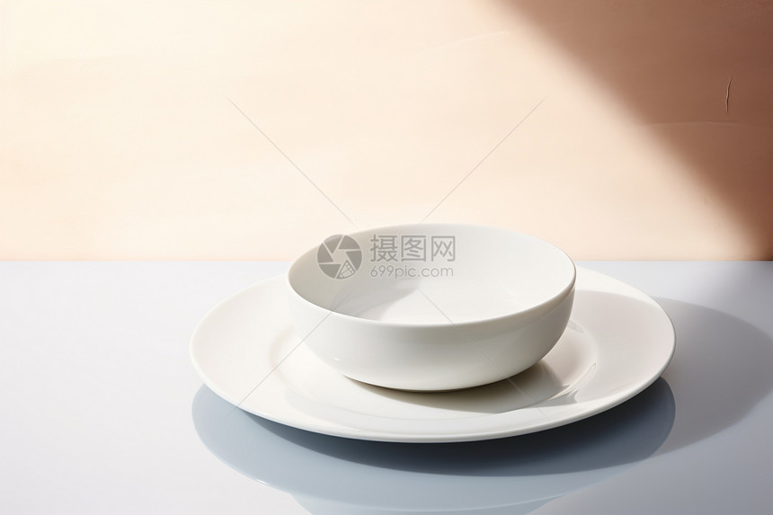 桌面上的白碗和盘子图片