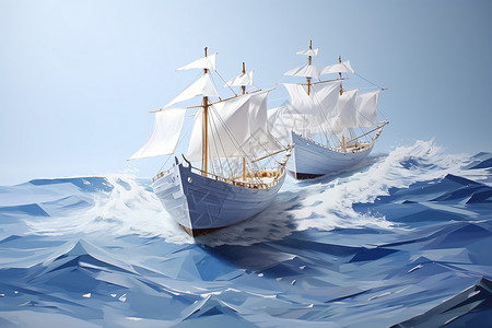 神奈川冲浪里波涛里的帆船插画