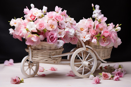 车里鲜花素材木制马车里装满鲜花背景