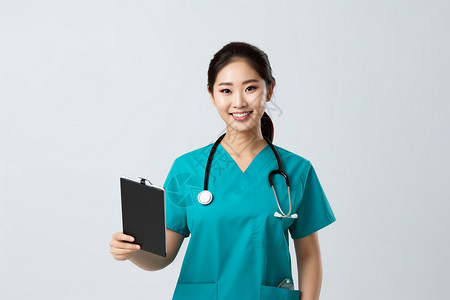 拿着病历的护士绿衣服的女医生拿着病历背景