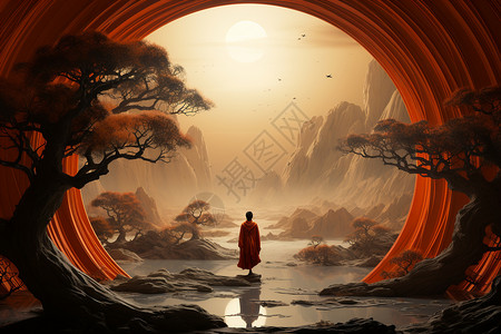 树木隧道汉服男子站在满月的天空下插画