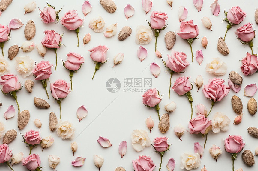 粉色花瓣洒满白色桌子图片