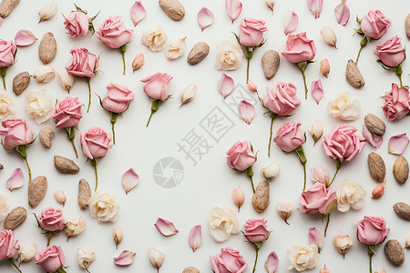 淡粉色玫瑰花蕾粉色花瓣洒满白色桌子背景